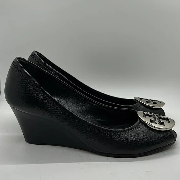 Tory Burch Sexy Black Leather Peep Toe Wedge Heels Shoes **Size 6.5** 🔥🔥 - Picture 5 of 10